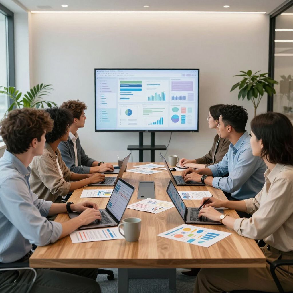 People in a meeting room, looking at charts on a screen. Laptops and papers are on a wooden table.