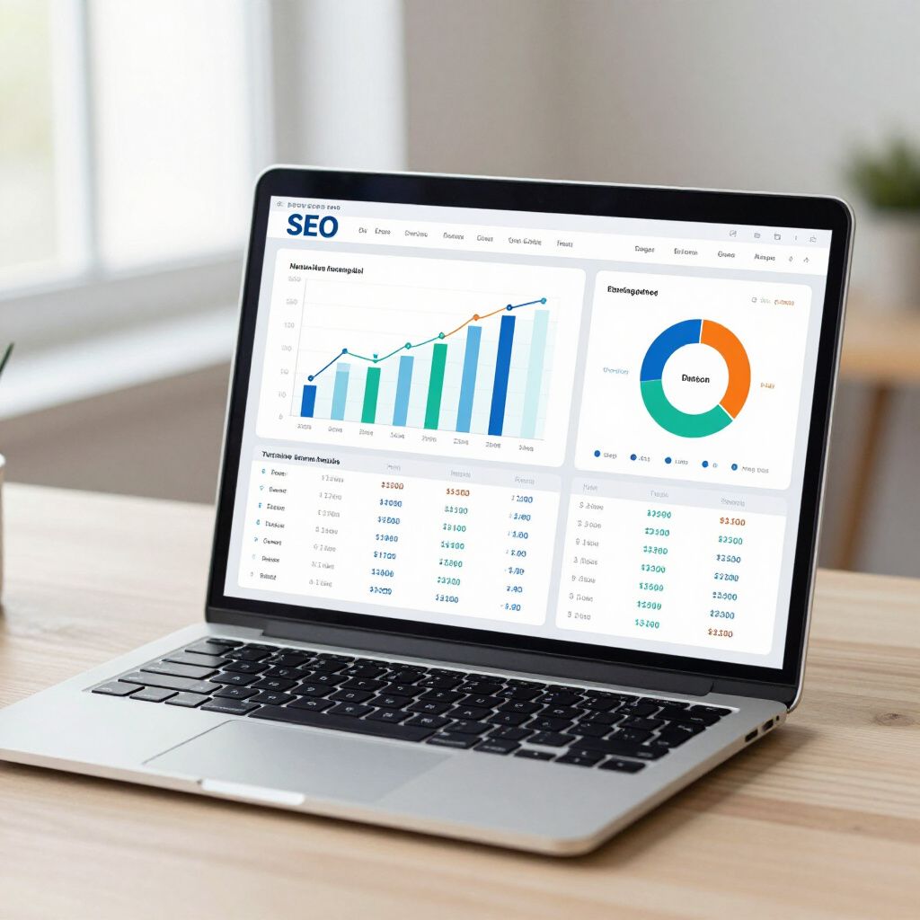 Laptop displaying an SEO dashboard with graphs and data tables on a wooden desk.