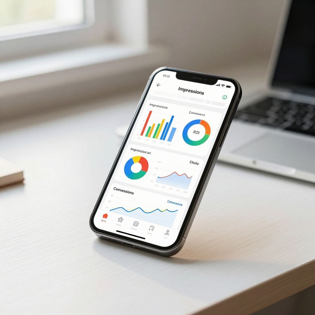 Smartphone displaying data graphs on a desk with a laptop and window in the background.