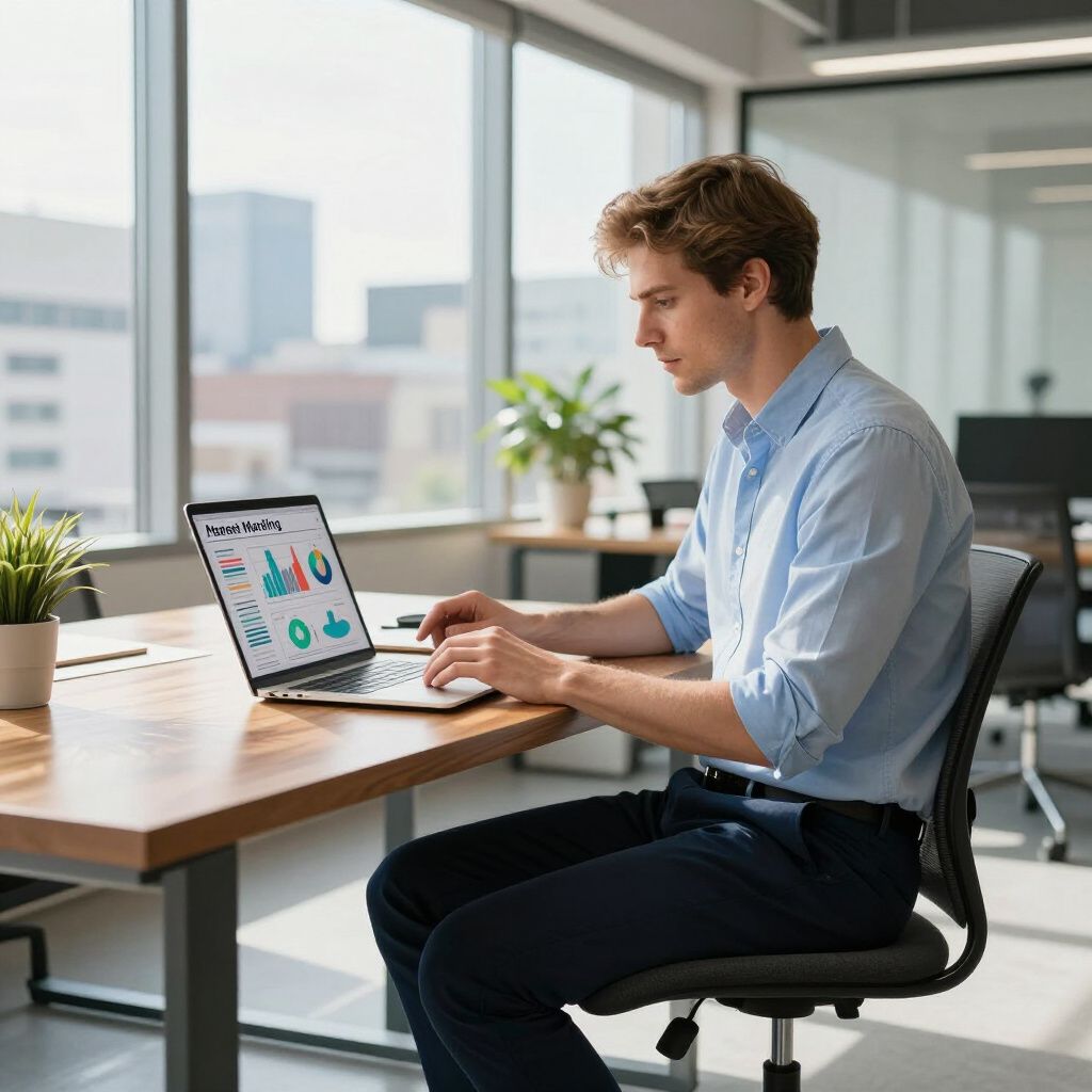 Man in blue shirt works on laptop at a desk in a well-lit office, with charts on the screen.