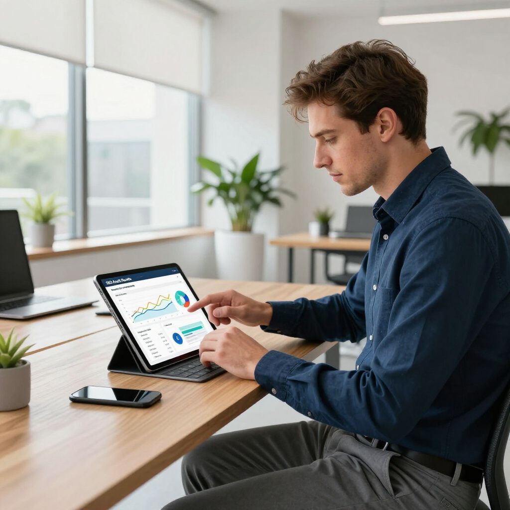 Man working on tablet with charts, sitting at desk in office.