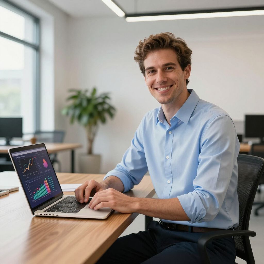 Man smiles while working on a laptop at an office desk; data graphs on the screen.