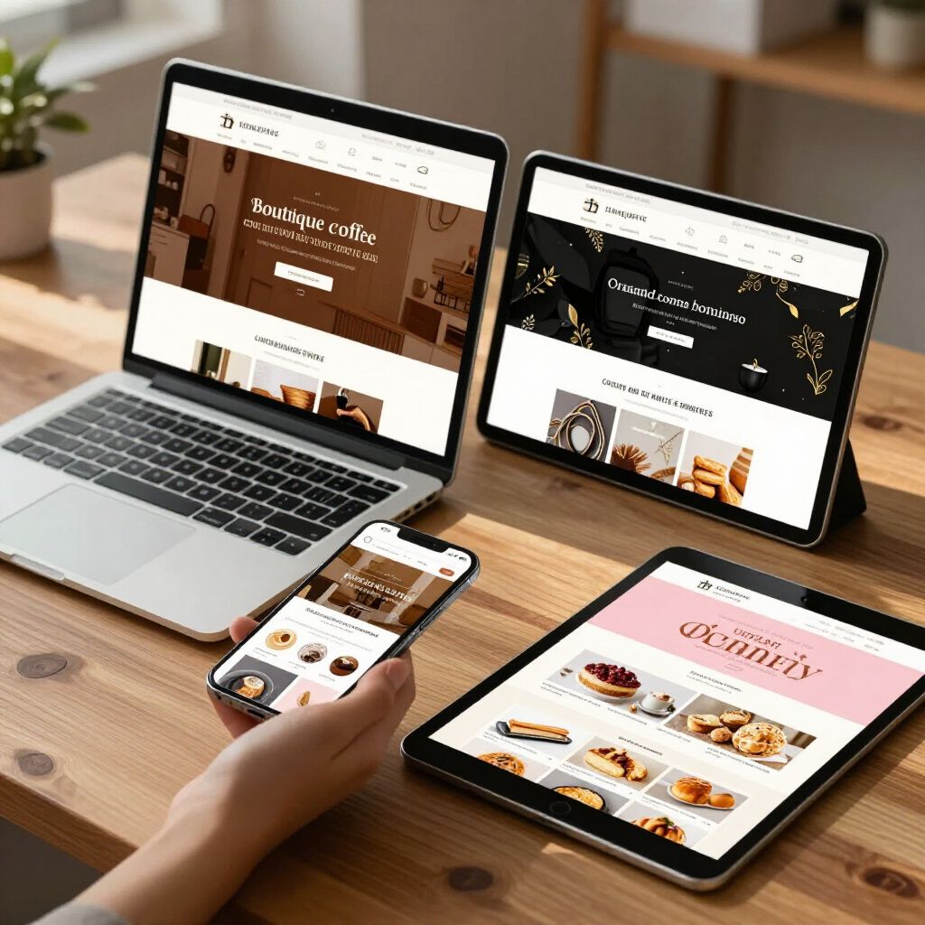 A laptop, tablet, and smartphone displaying a website with pastries on a wooden table.