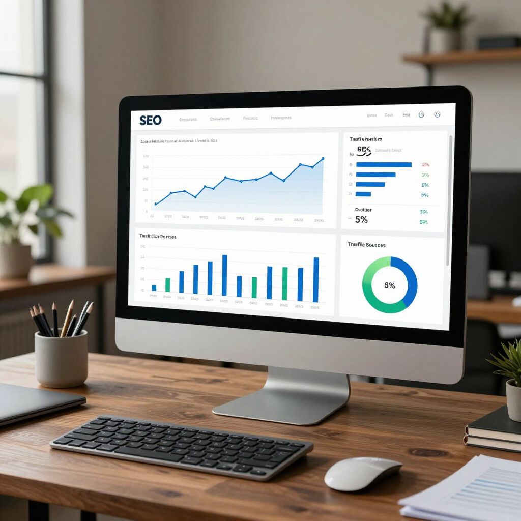 Desktop computer displaying SEO data charts on a wooden desk with keyboard, mouse, and office supplies.