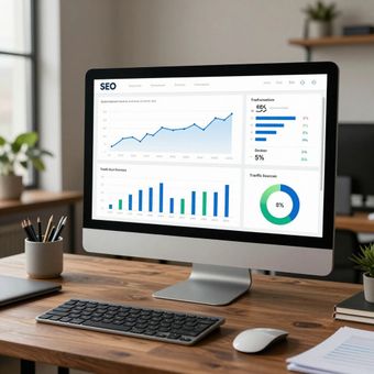 Desktop computer displaying SEO data charts on a wooden desk with keyboard, mouse, and office supplies.