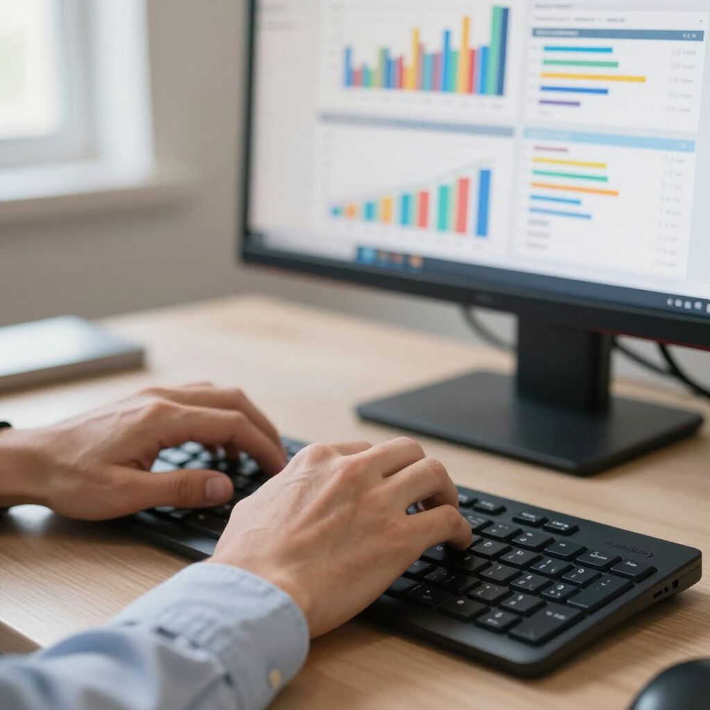 Person typing on keyboard, screen displaying bar graphs, wooden desk.