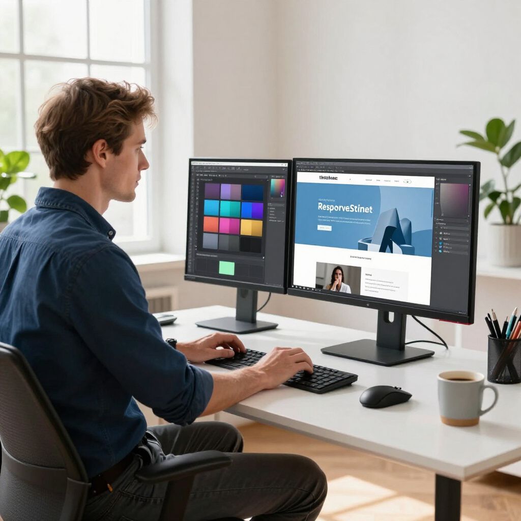 Man working on two computer monitors at a desk. One screen shows a color palette, the other a webpage design.