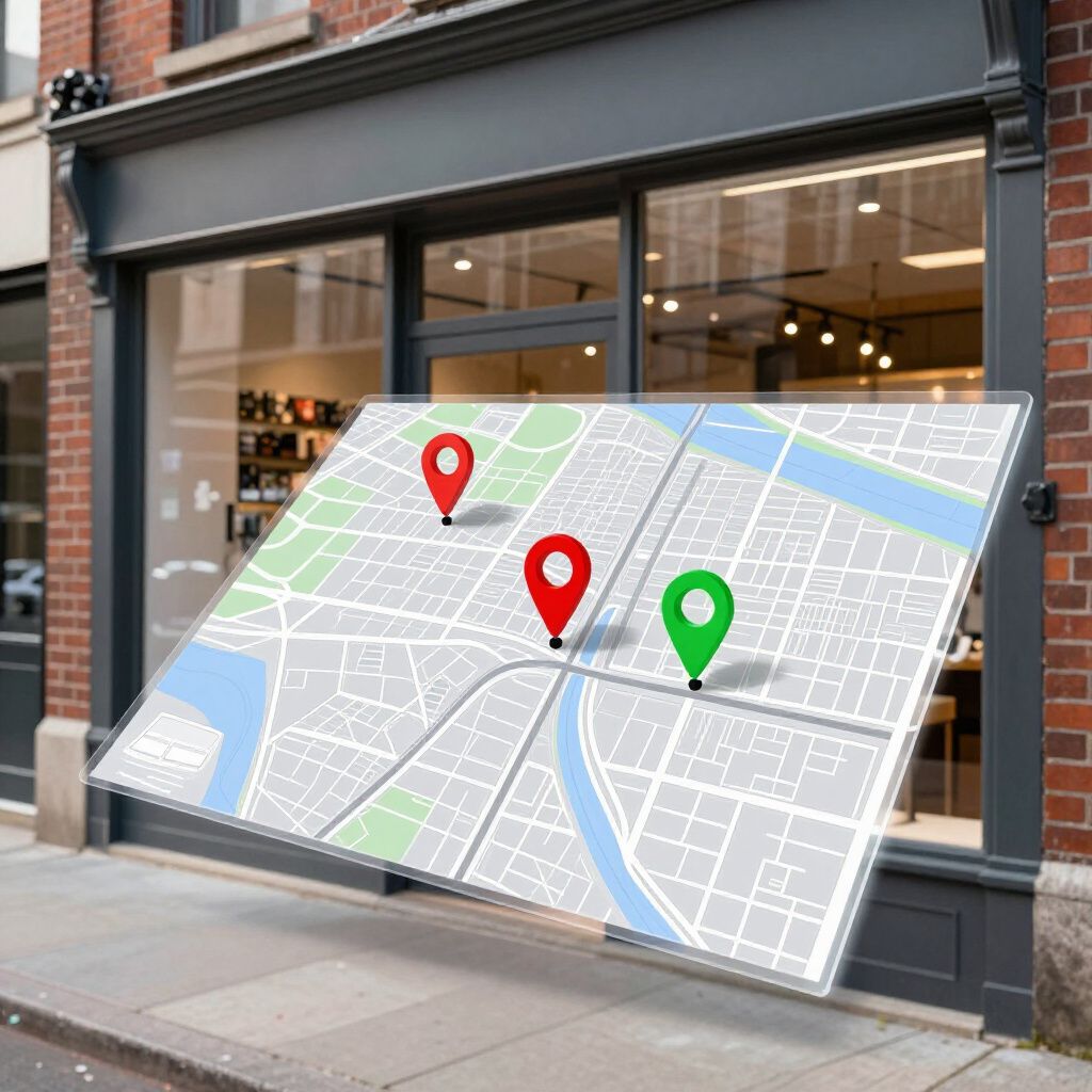 A storefront with a tilted map overlay displaying three location markers.