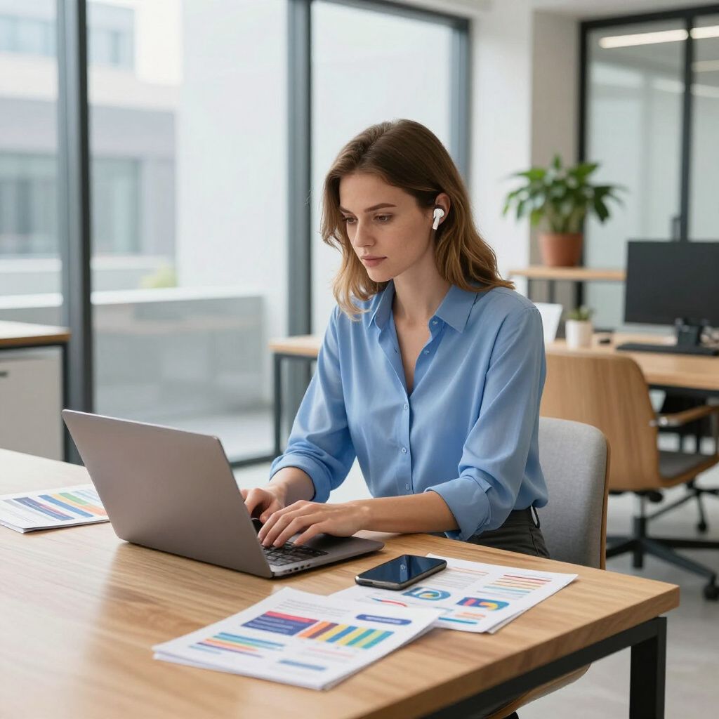 Woman typing on laptop at office desk, wearing earbuds, with charts and phone.