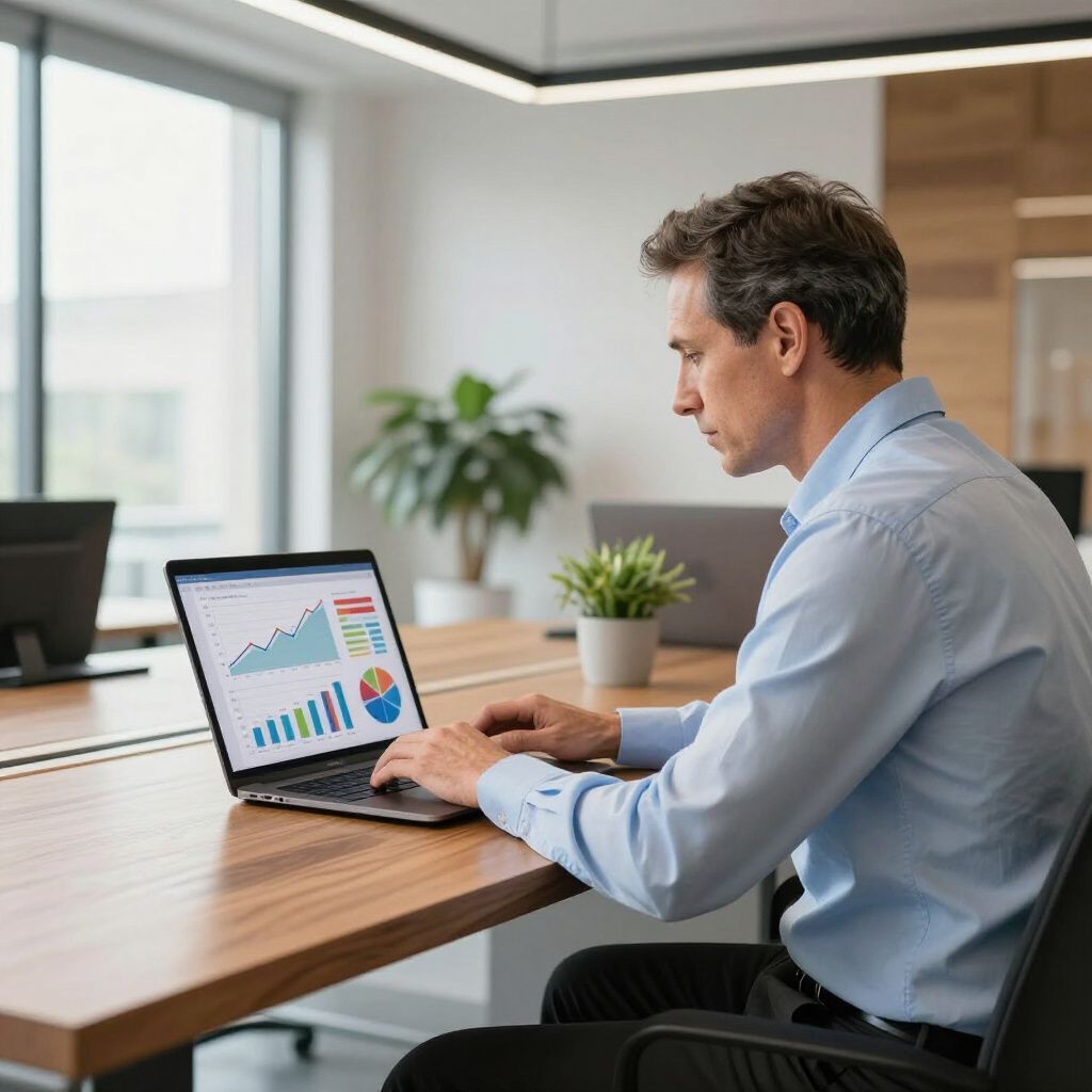 Man in a blue shirt at a desk using a laptop, reviewing charts in an office setting.