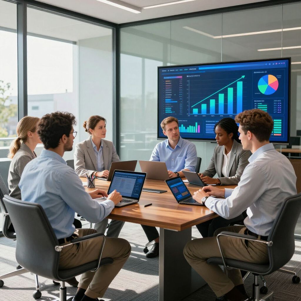 Business meeting in modern conference room. People looking at charts on a large screen, using laptops.