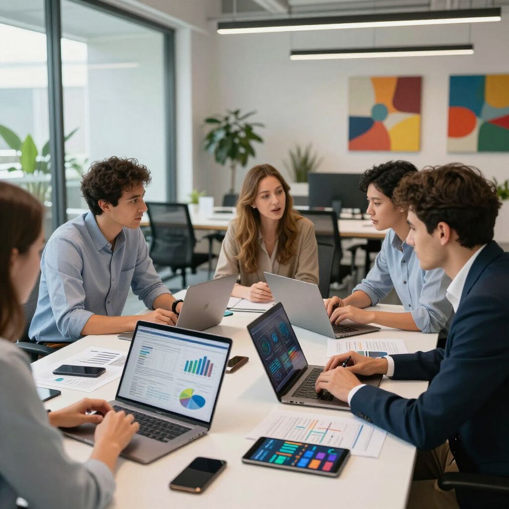 People at a conference table with laptops; discussing data, modern office setting.