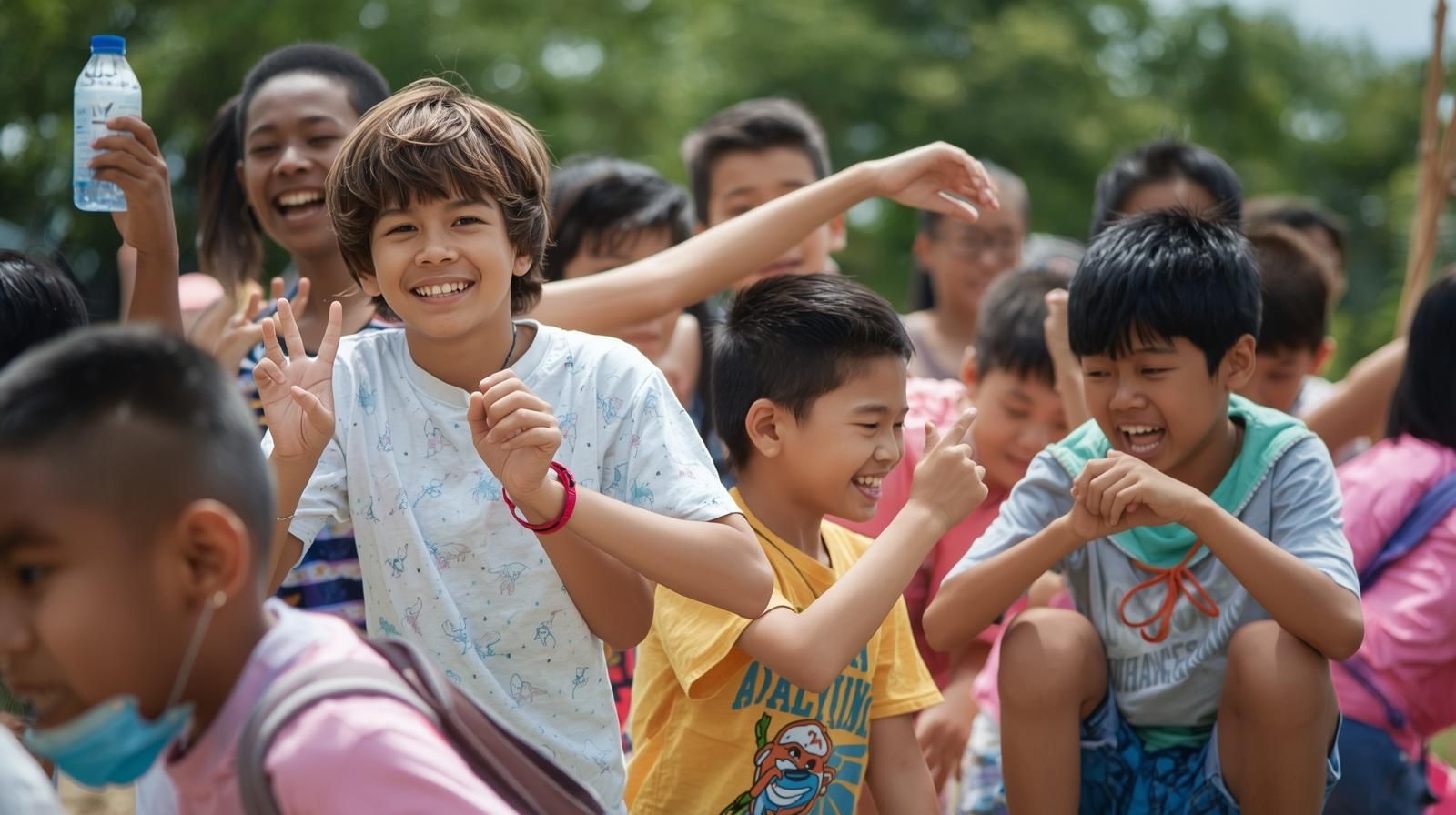 Children outdoors, smiling and waving. Some wear colorful shirts, one holds water bottle.