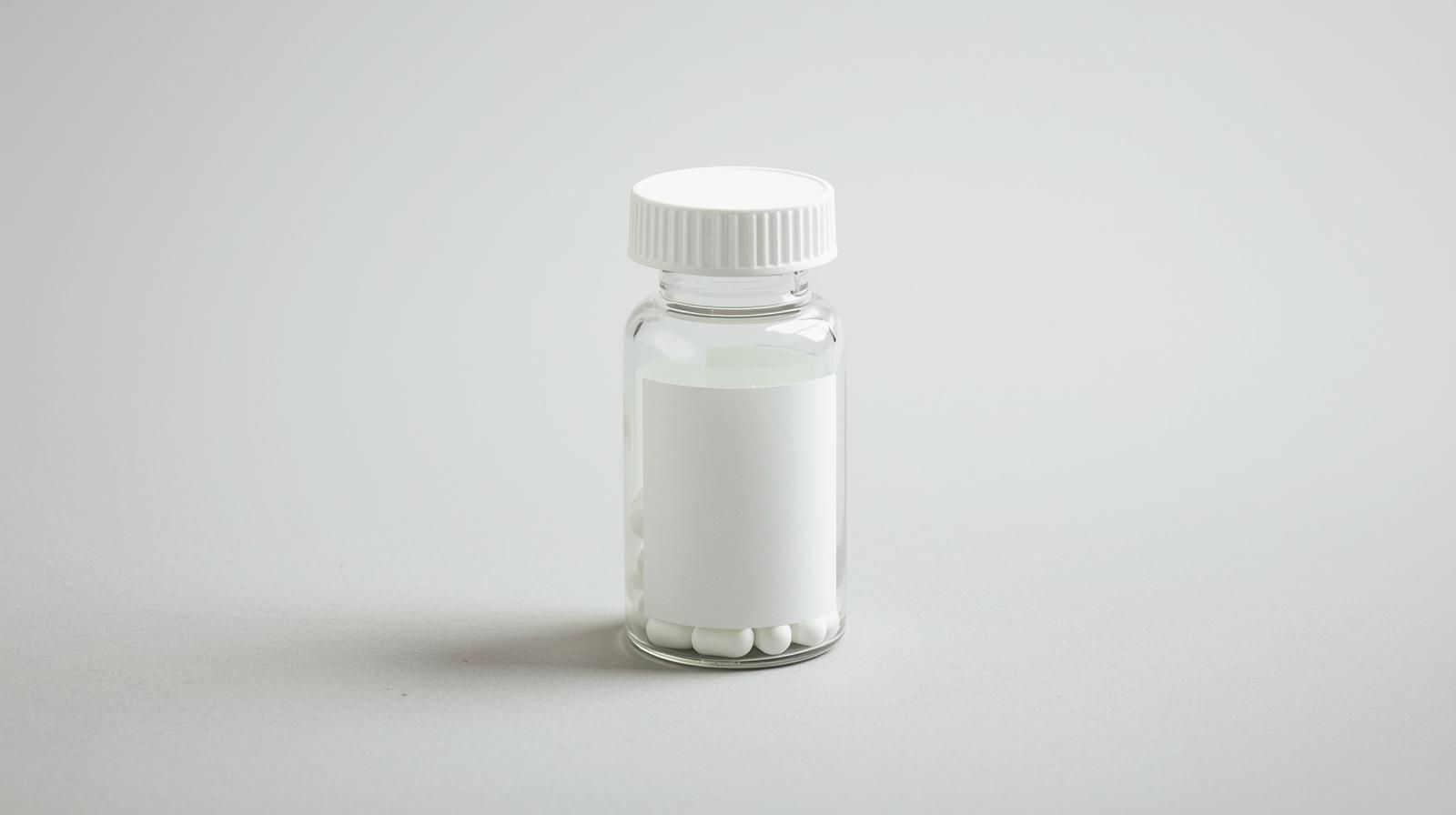 Small clear glass vial with white pills inside, sealed with a white cap.