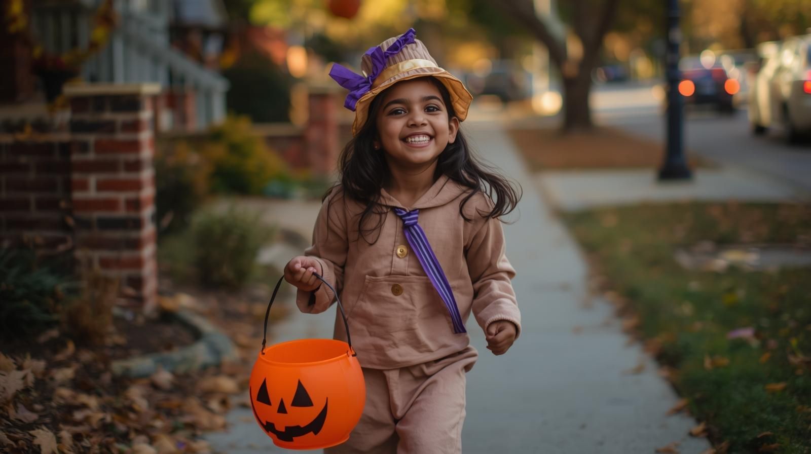 Girl in witch hat and costume smiles while trick-or-treating on a sidewalk, carrying a jack-o'-lantern bucket.