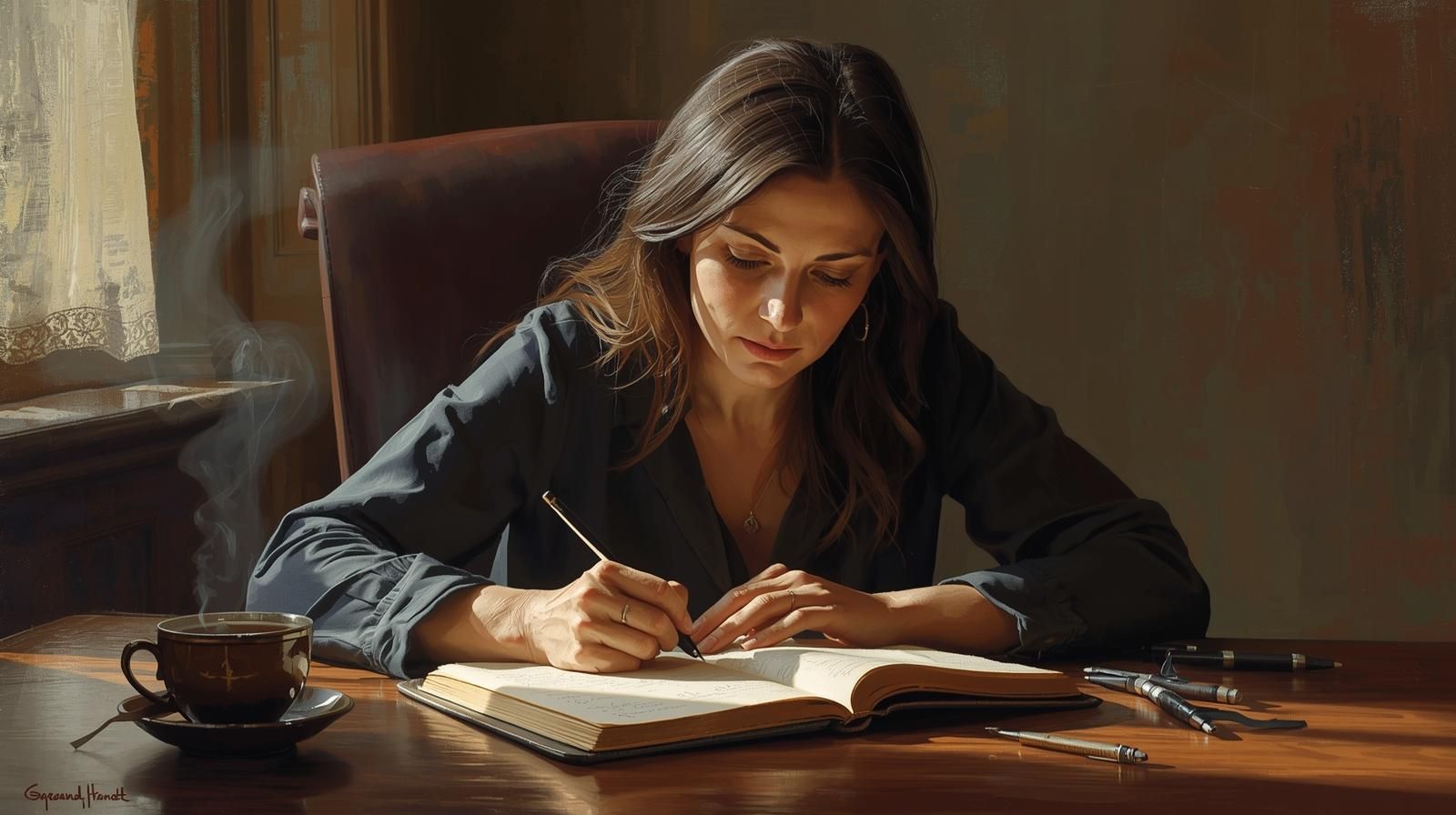 Woman writing in journal at desk, sunlit room, coffee cup, pens, focused expression.