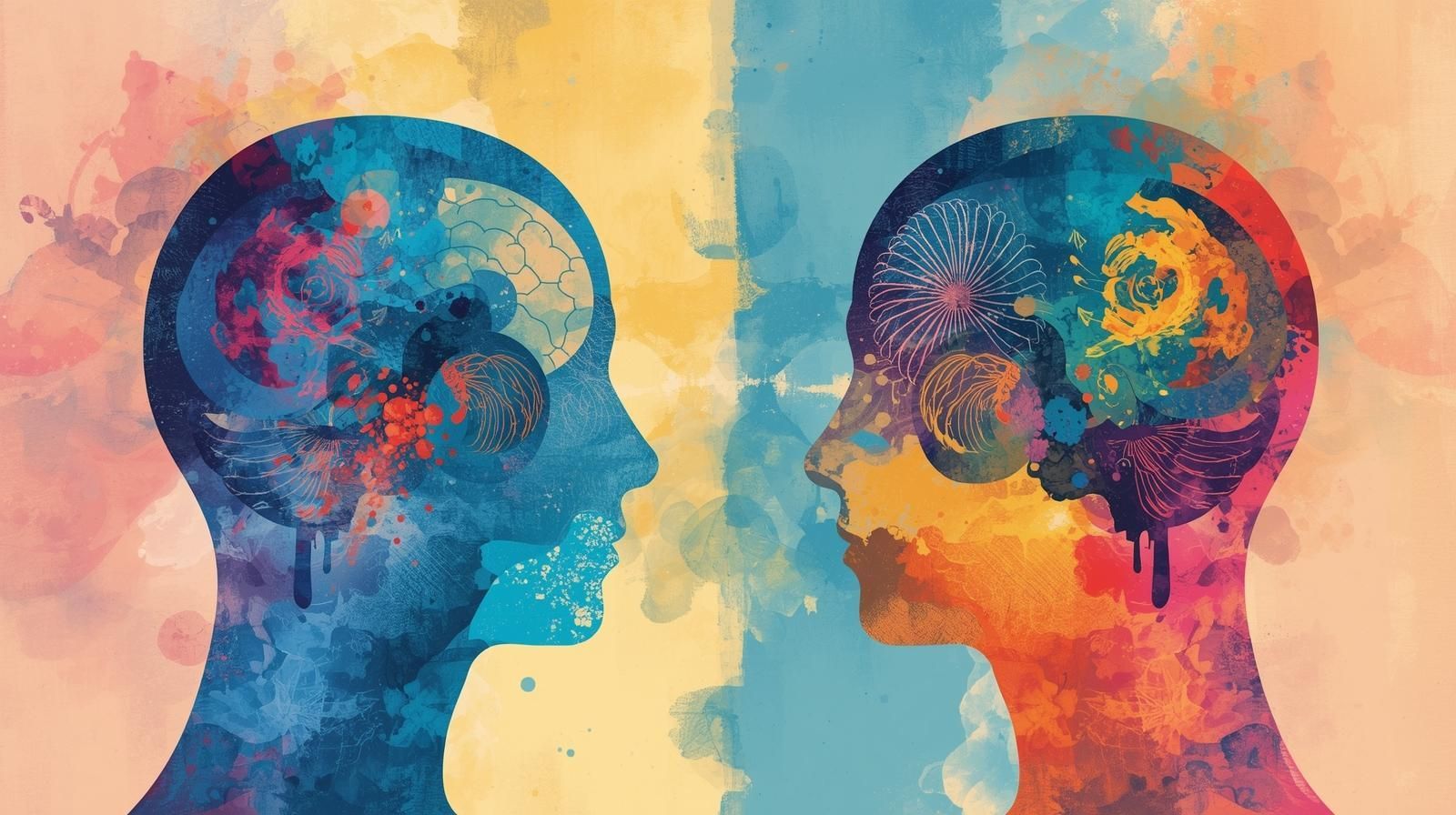 Two colorful head silhouettes face each other, with brains filled with watercolor paint.