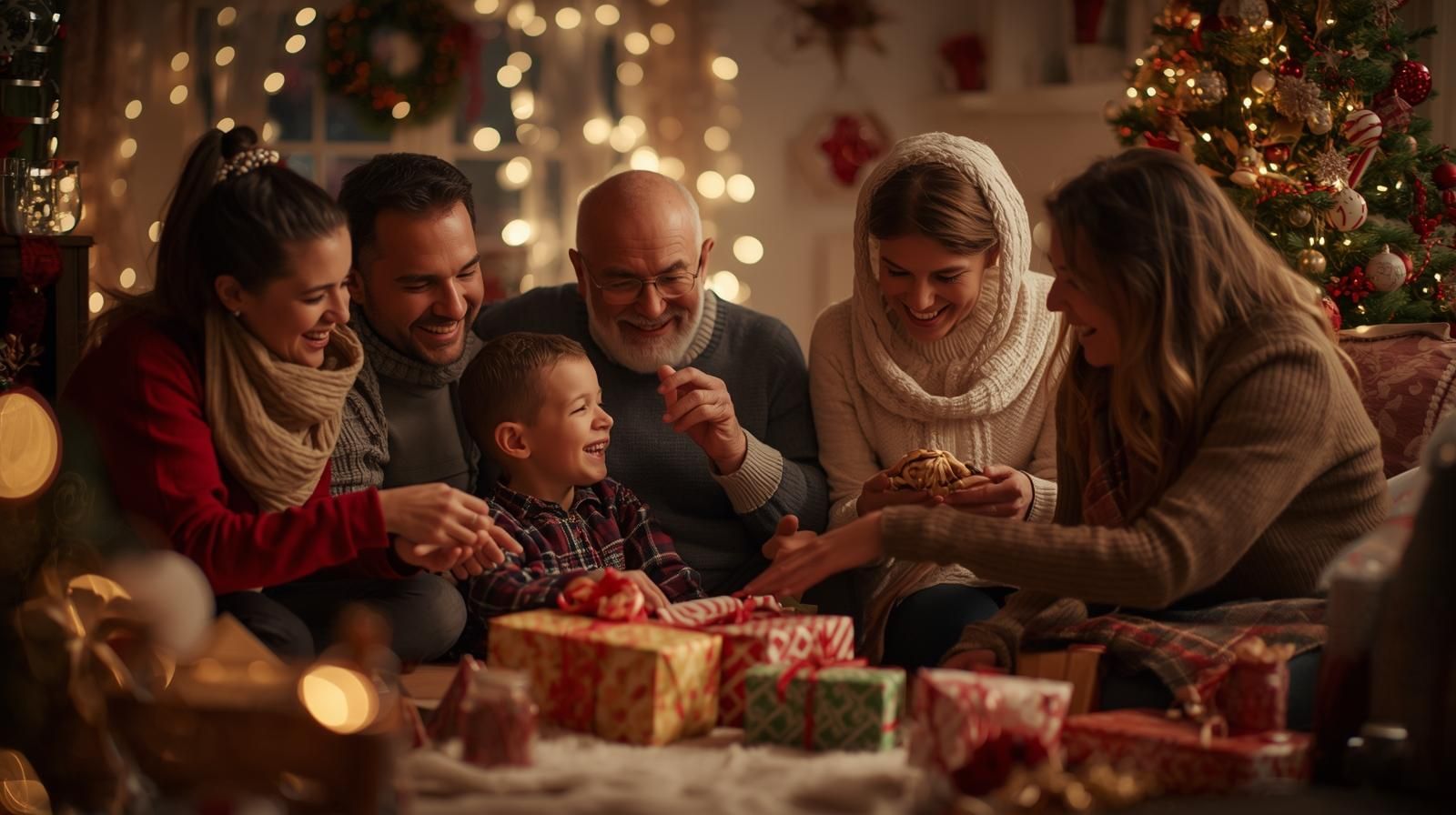 Family opening Christmas gifts in a cozy, decorated living room with smiles and excitement.