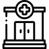 A black and white icon of a hospital with a cross on it.