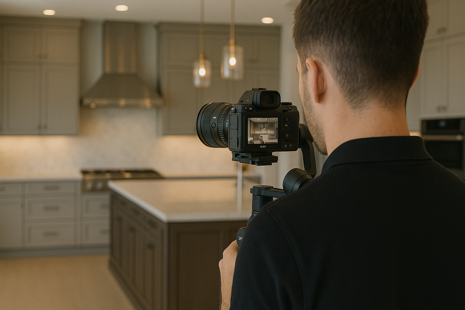 A man is holding a camera in front of a kitchen.