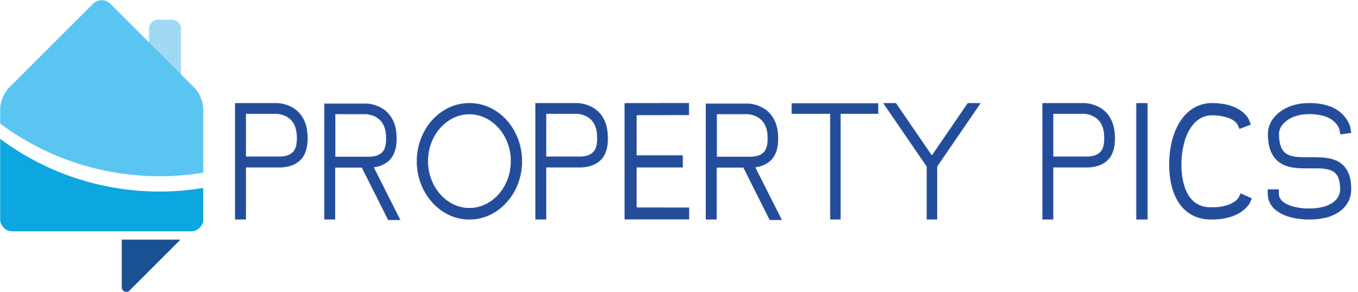 A logo for property pics with a house on it