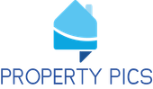 A logo for a company called property pics with a blue house on a white background.
