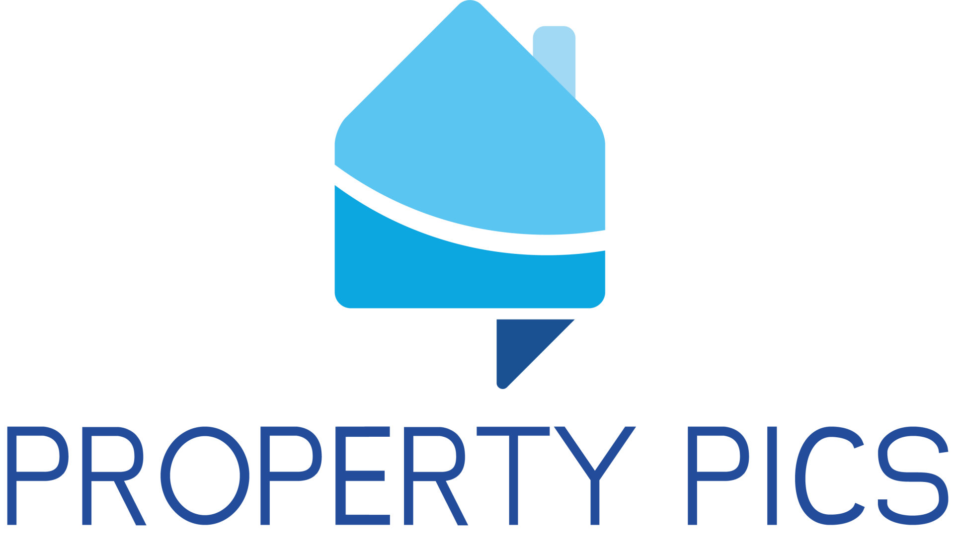 A logo for a company called property pics with a blue house on a white background.