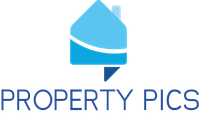 A logo for a company called property pics with a blue house on a white background.