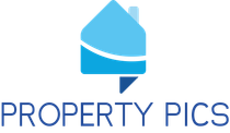 A logo for a company called property pics with a blue house on a white background.