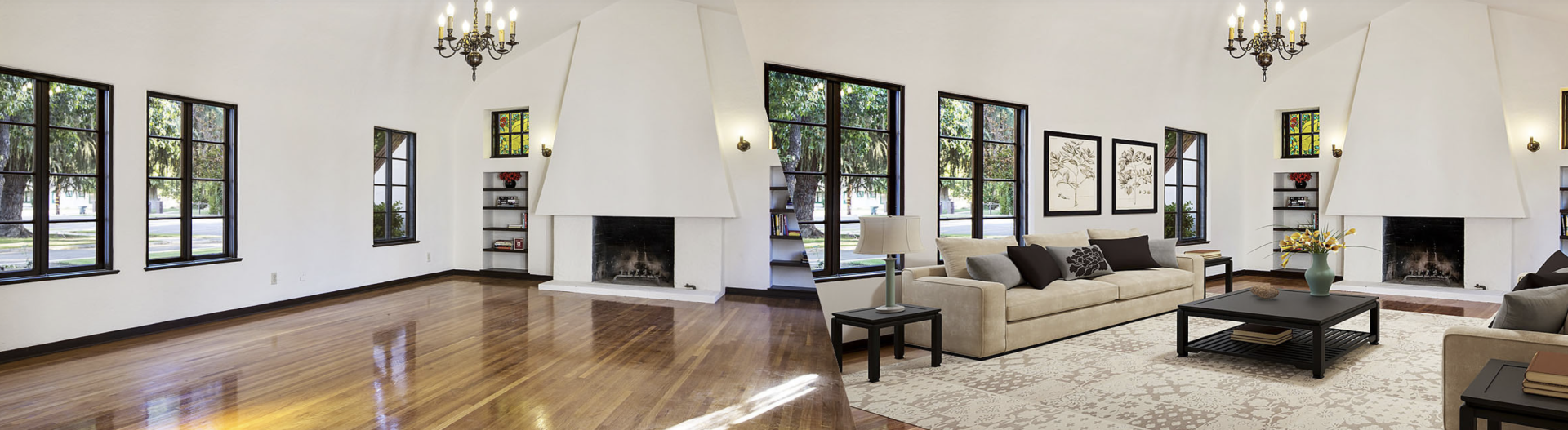 A living room filled with furniture and a fireplace