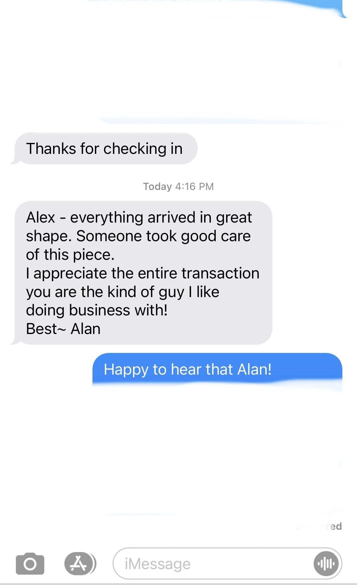 A screenshot of a text message between two people.