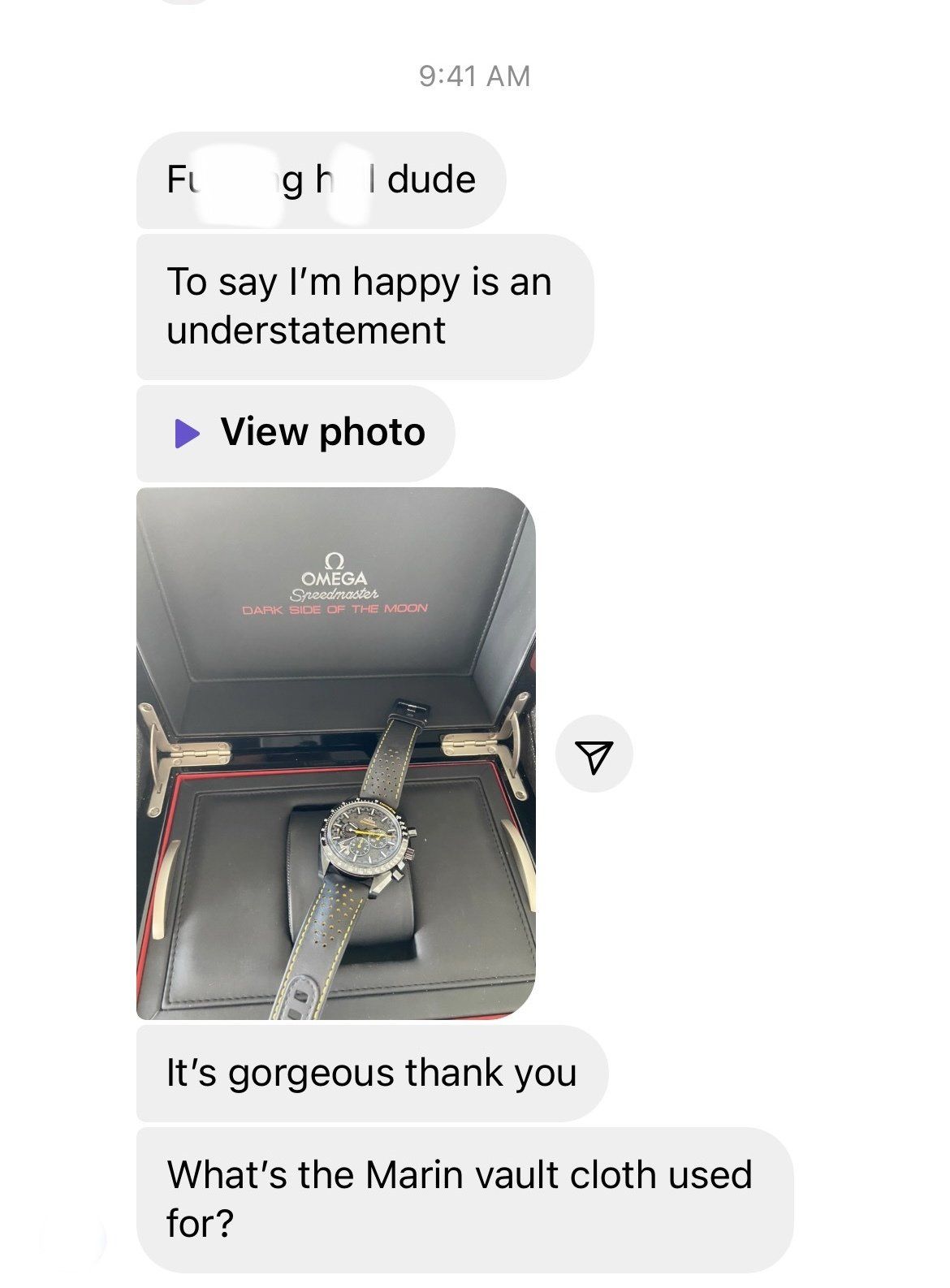 A screenshot of a text message between a man and a woman.