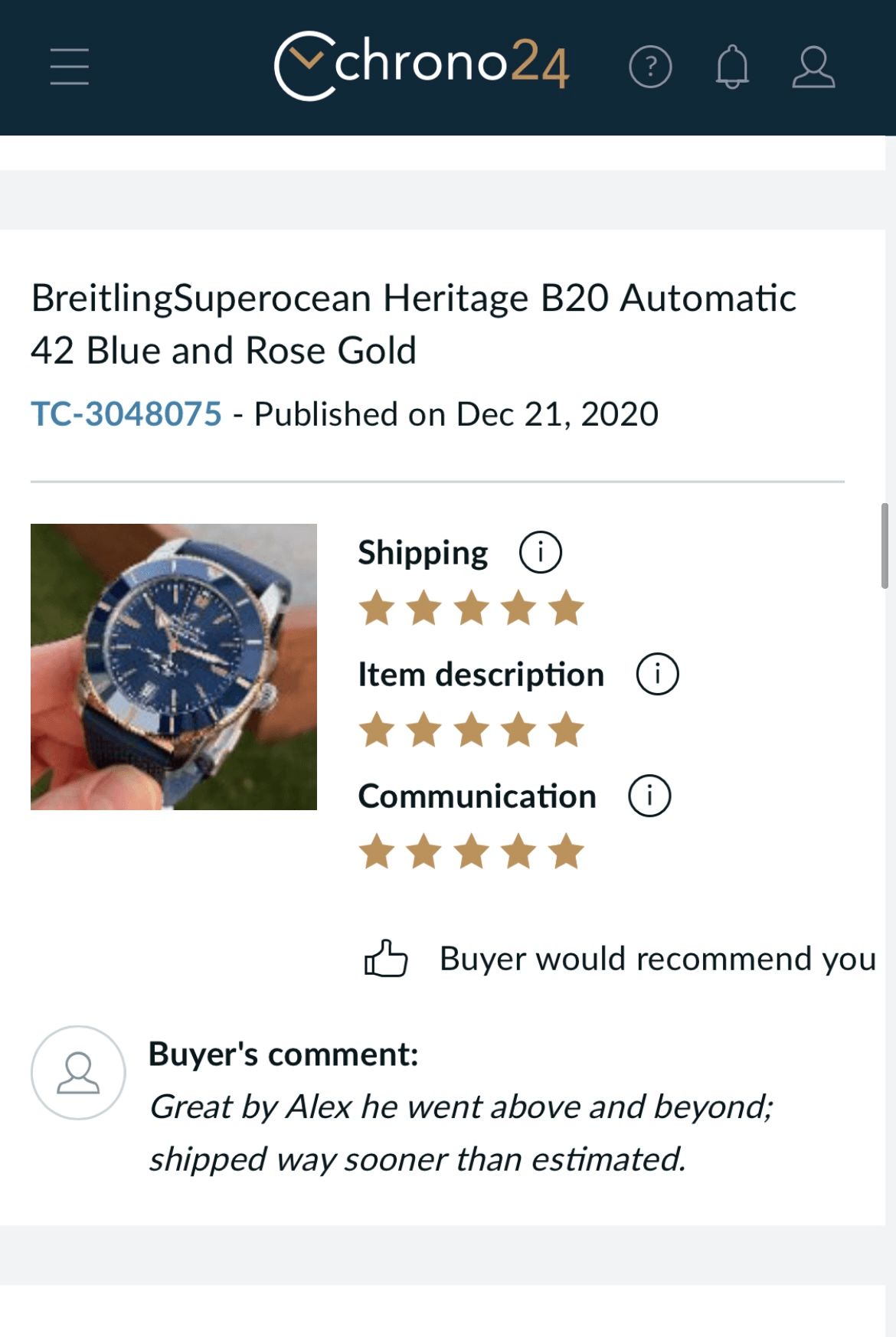 A screenshot of a breitling superocean heritage b20 automatic 42 blue and rose gold watch.