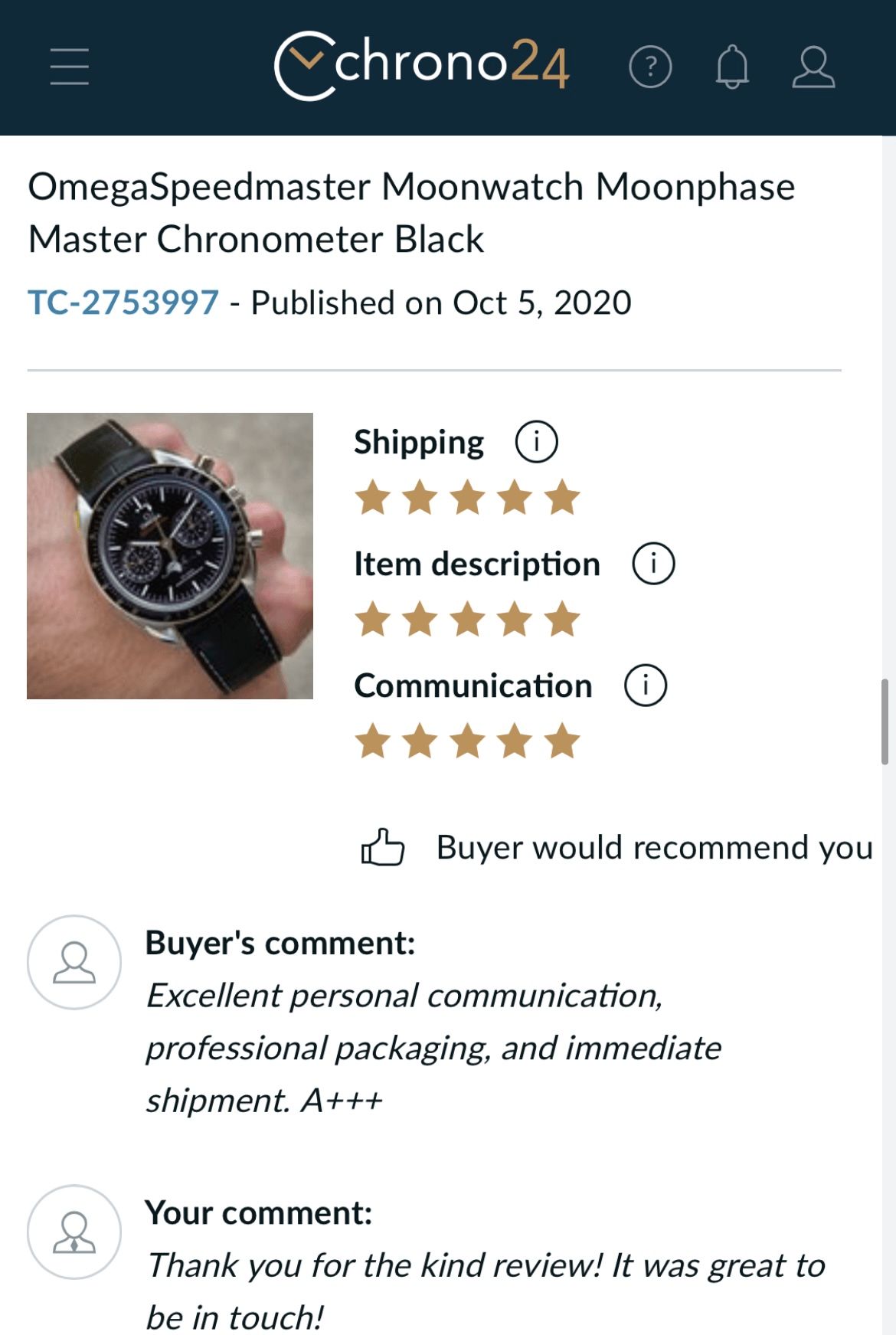 A screenshot of a chrono24 website showing the omega speedmaster moonwatch moonphase master chronometer black.