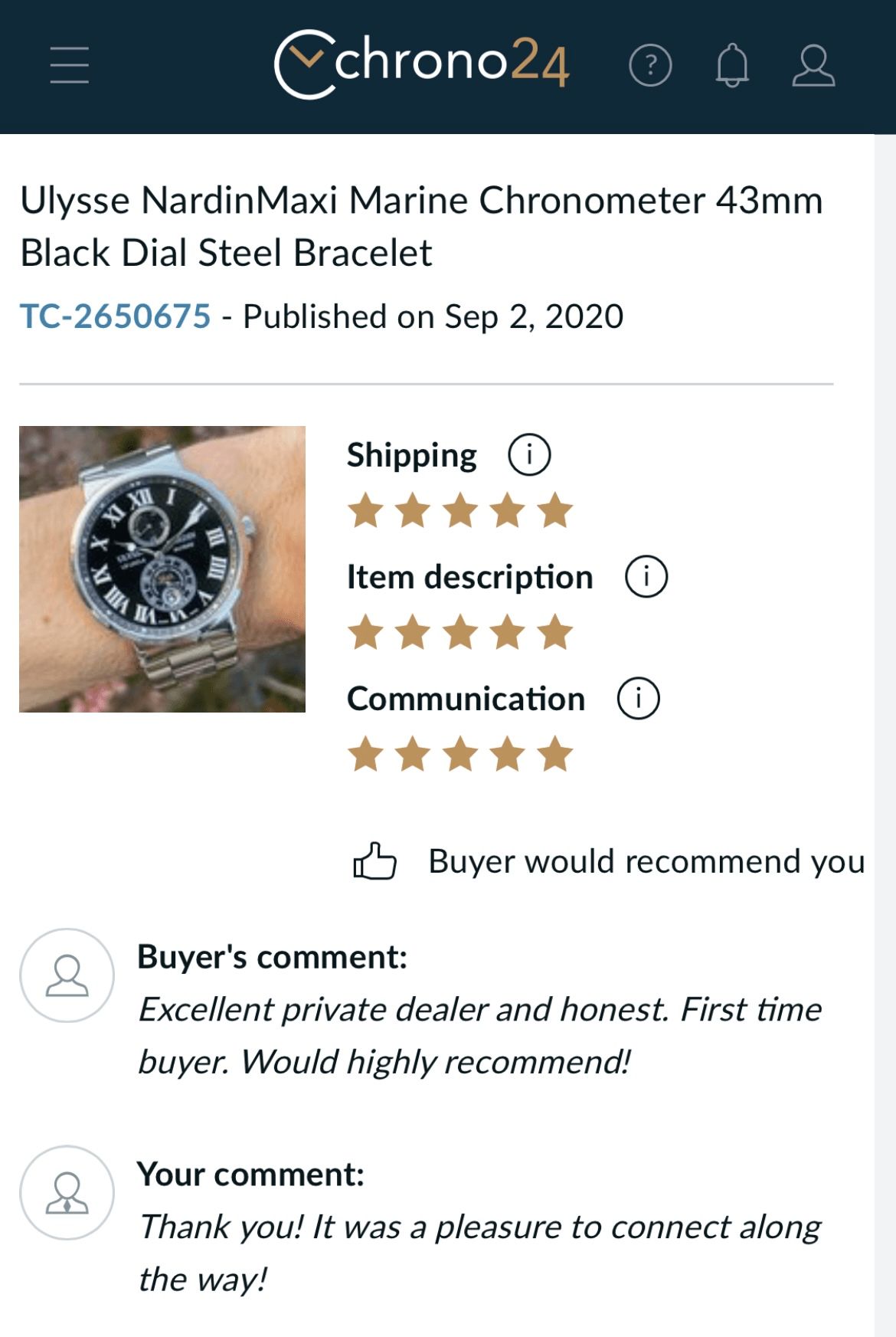 A screenshot of a review of a ulysse nardin maxi marine chronometer 43mm black dial steel bracelet.