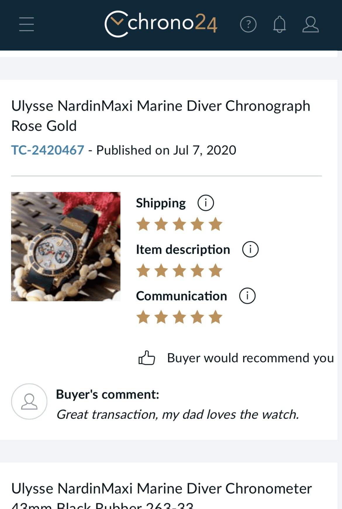 A screenshot of a chrono24 website showing a ulysse nardin maxi marine diver chronograph rose gold.