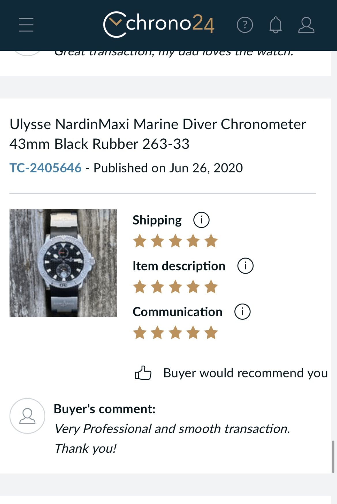 A screenshot of a review of a watch on chrono24.