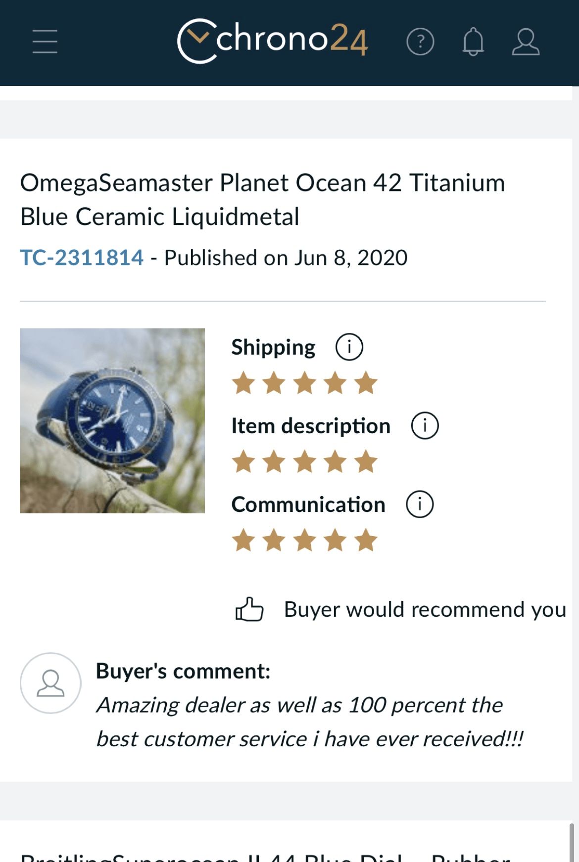 A screenshot of a chrono24 website showing a review of a watch.