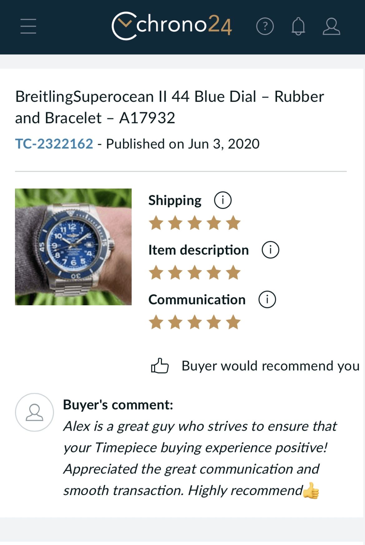 A screenshot of a breitling superocean ii 41 blue dial rubber and bracelet.