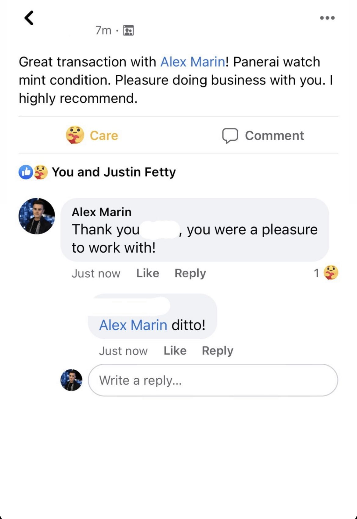 A screenshot of a facebook page with a reply from alex marin.