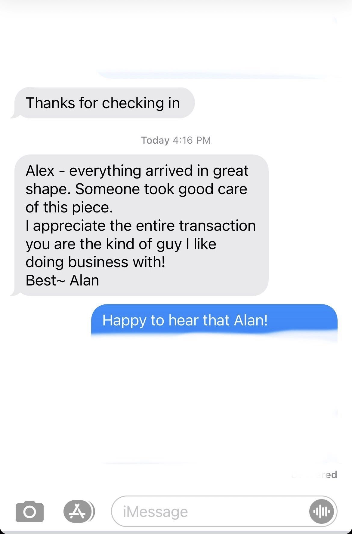A screenshot of a text message between two people.