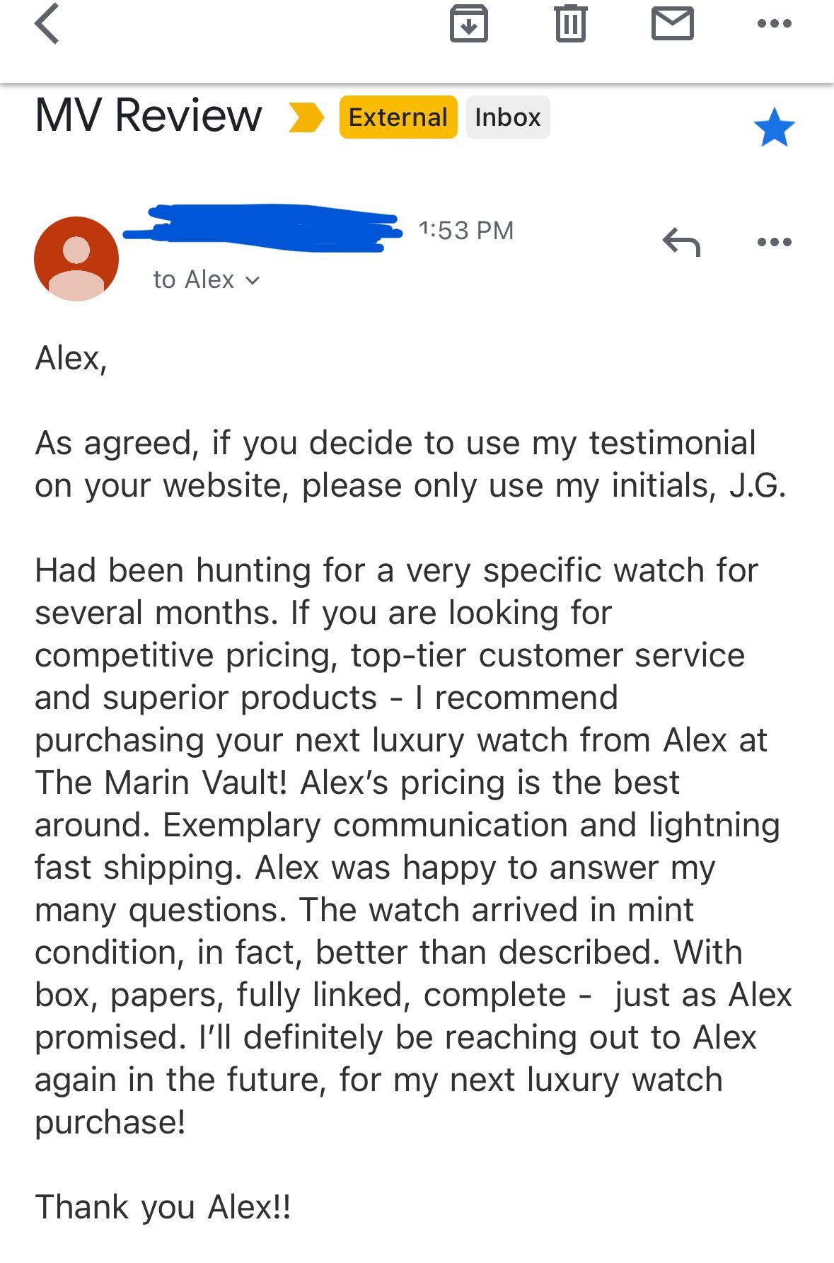 A screenshot of a mv review email from alex.