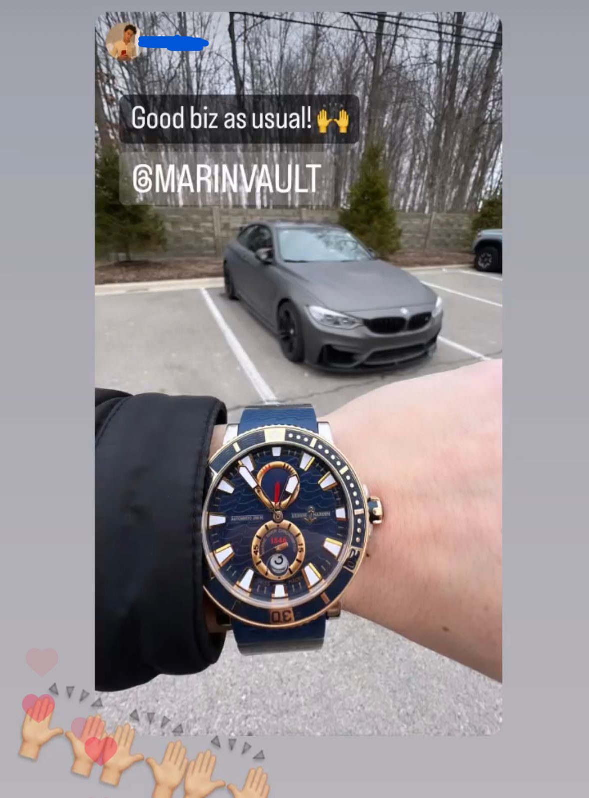 A man is wearing a watch in front of a car in a parking lot.