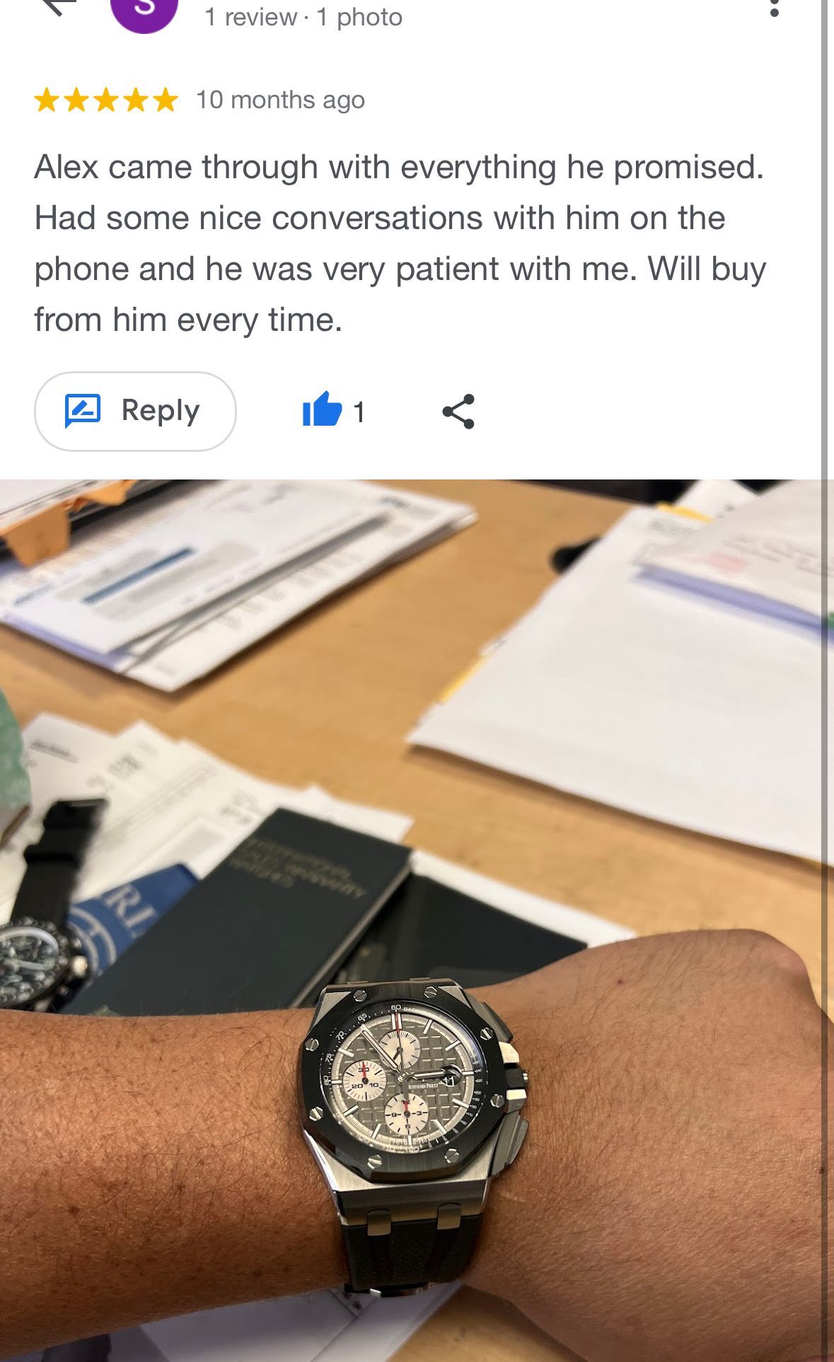A person is wearing a watch on their wrist.