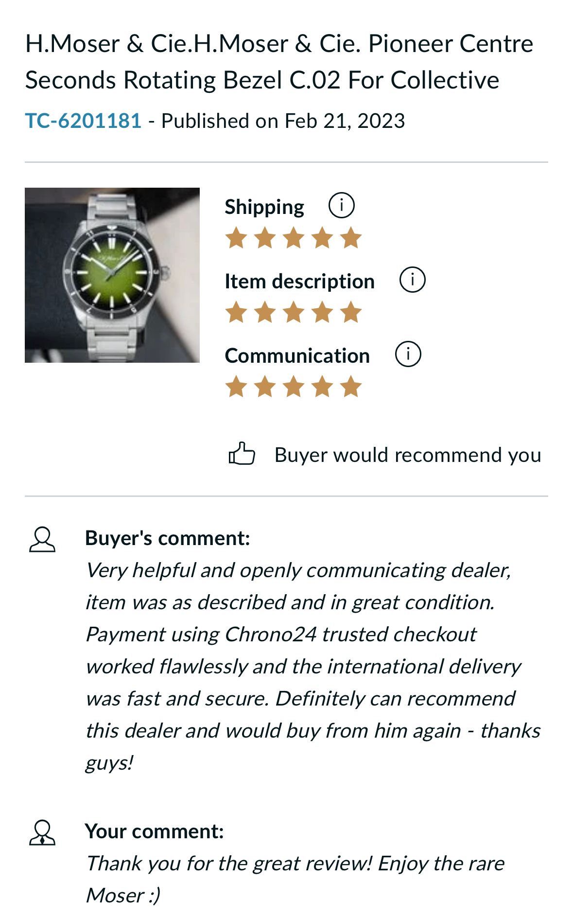 A picture of a watch on a website with a buyer 's comment.