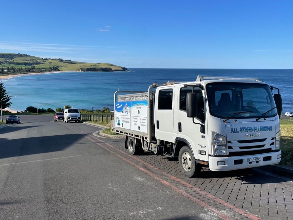 Green excavator on grassy bank near water, next to white building. — All Stars Plumbing In Barrack Heights, NSW