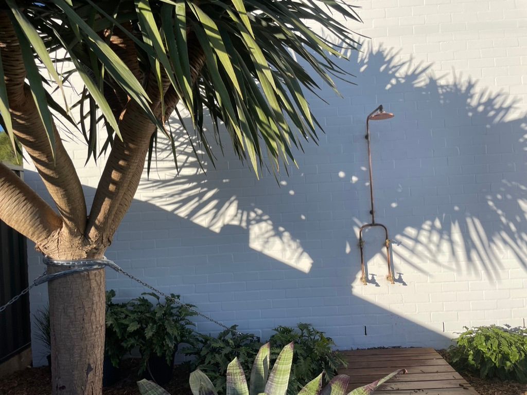 A sunny outdoor shower attached to a white wall, cast in the shadow of a tree. — All Stars Plumbing In Shellharbour, NSW