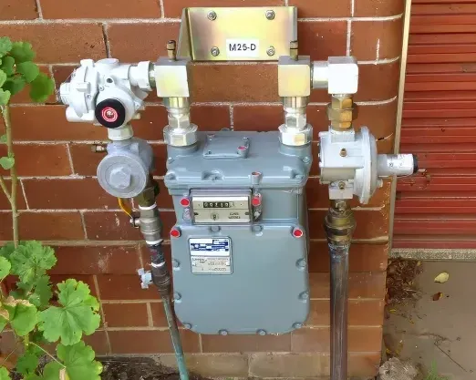 Gas Meter and Regulator Mounted on a Brick Wall Next to a Red Garage Door  — All Stars Plumbing In Barrack Heights, NSW