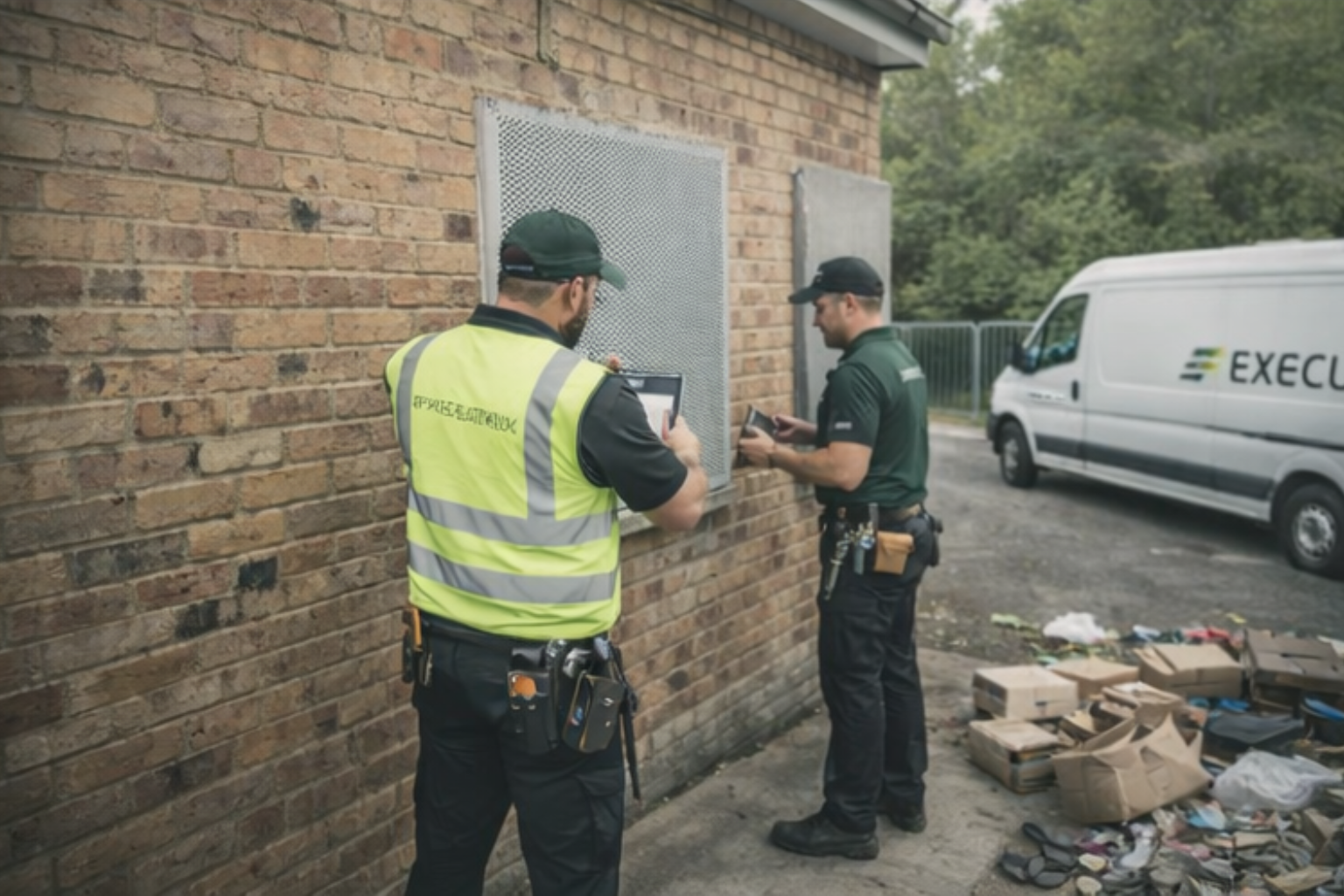 Two men in work uniforms install a security screen on a brick building, a company van is parked nearby.