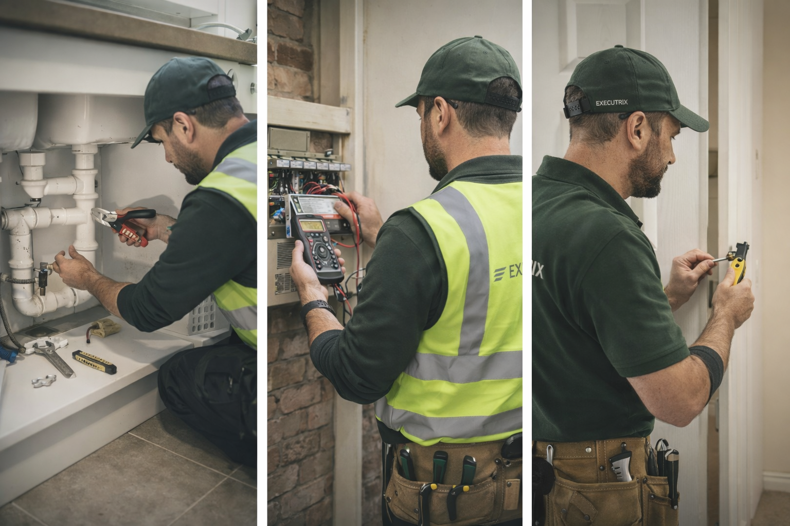 Three-panel image: Technician in green shirt and safety vest working on plumbing, electrical panel, and door, holding tools.